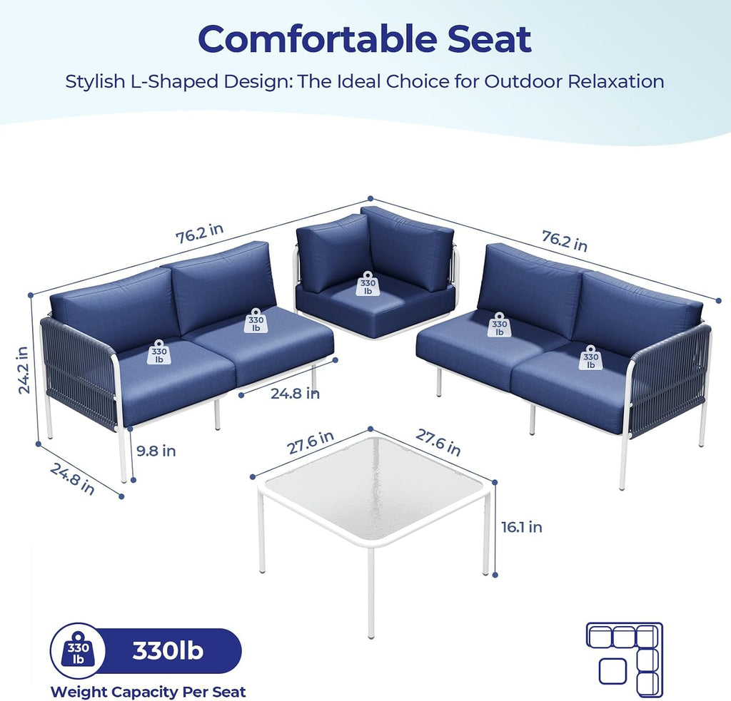 Patio Furniture Set, 6 Pieces Outdoor Sectional Sofa Set, L-Shaped Metal Patio Conversation Set with Side Table