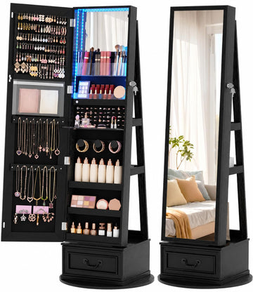 Mirror Jewelry Cabinet with Lights, Full Length Mirror and Storage