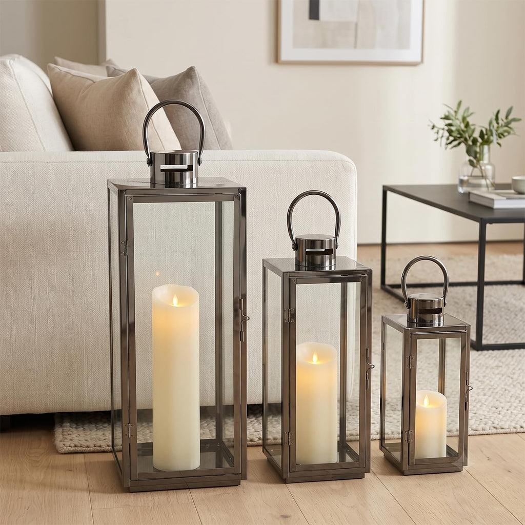 Stainless Lanterns Decorative Outdoor & Indoor, Set of 3 Outdoor Lanterns for Porch, 25"/ 19.5"/15" Candle
