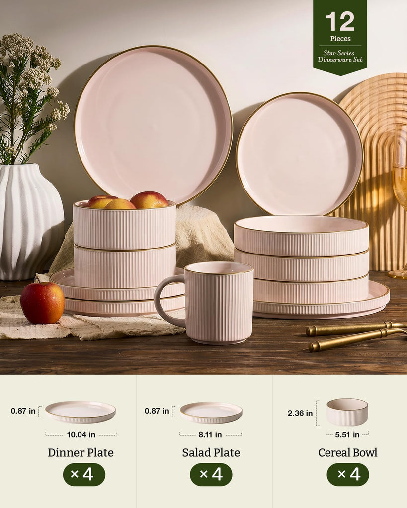 Plates and Bowls Set with Rim, Stoneware Dinnerware Sets for 4