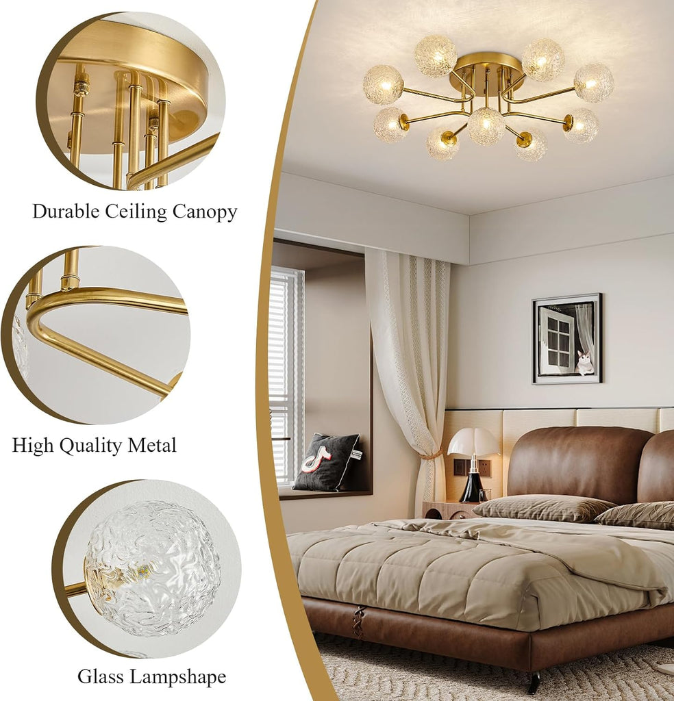 Sputnik Semi Flush Mount Ceiling Light Gold Glass Globe Chandelier Ceiling Lighting Mid Century Modern 9 Lights