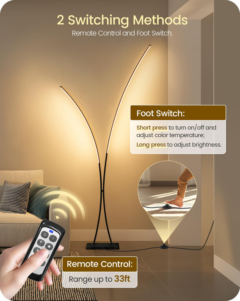 Modern 85.4" Arc Floor Lamp, 2 Lights Arched Standing Tall Lamp with Remote, X-Shaped Bright Curved Lamp, Dimmable