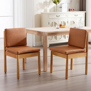 Brown Dining Chairs Set of 2, Faux Leather Upholstered Dining Room Chairs with Natural Wood Frame, Rustic Kitchen Side Chairs