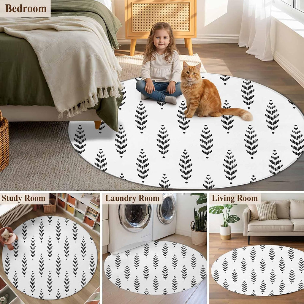 3ft Round Rug,Modern Scandi Botanical Leaves Washable Area Rugs Non-Slip Accent Rug Minimalist Black Leaf on White