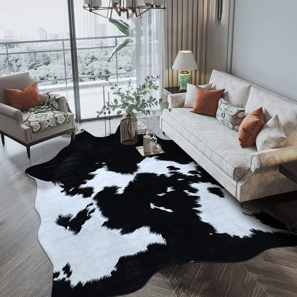Black Faux Cowhide 8.3 ft x 6.2 ft Cow Print Faux Animal Skin Faux Fur Rug