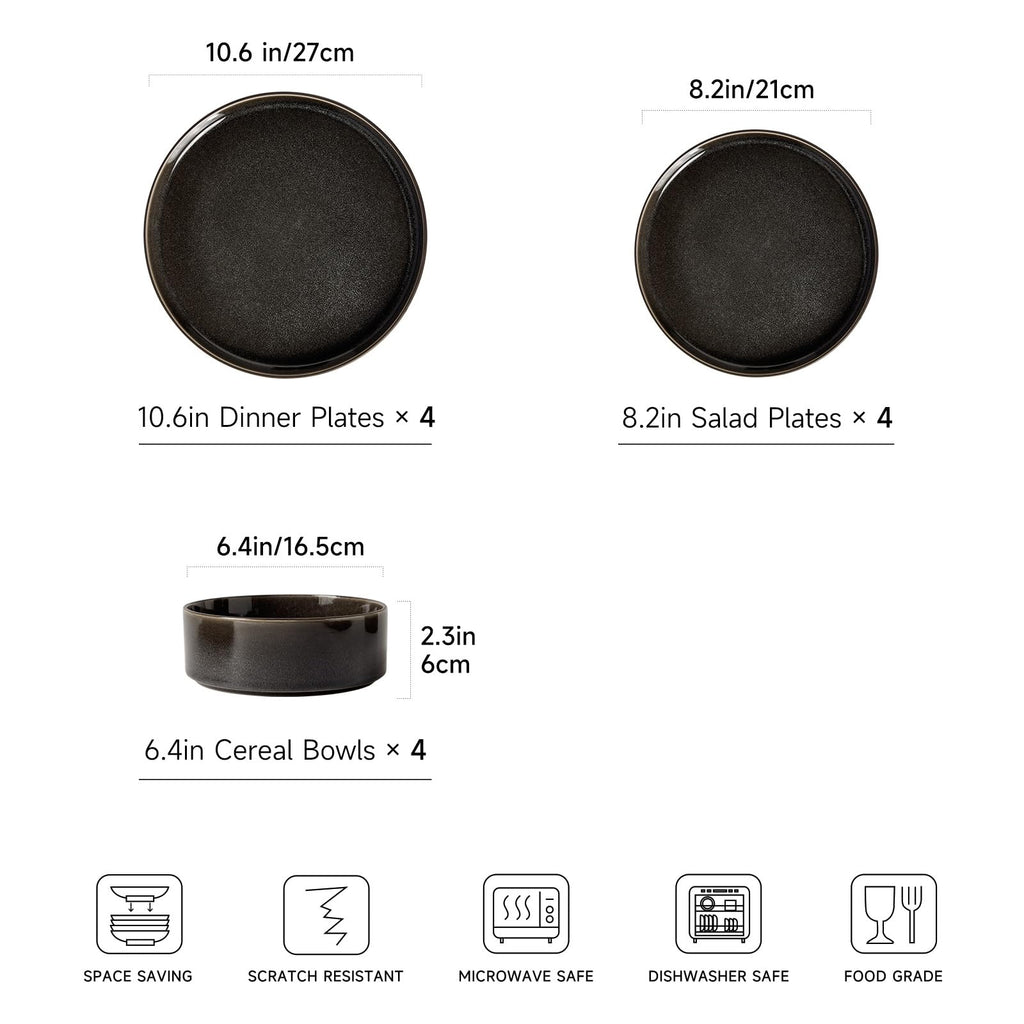 Dinnerware Sets for 4, 12 pcs Reactive Glaze Plates and Bowls Sets, Black