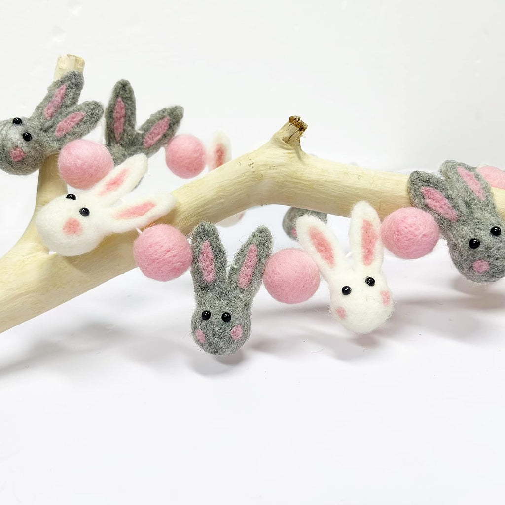Pinkblume Easter Felt Garland Wool Rabbit Pom Pom Banner,Handmade Bunny Ball Garland for Easter Holiday Baby - Set of 16
