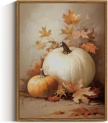 Vintage Framed Canvas Wall Art, Pumpkin and Leaves Fall Art Prints, Rustic Autumn Harvest Decor Kitchen Entryway