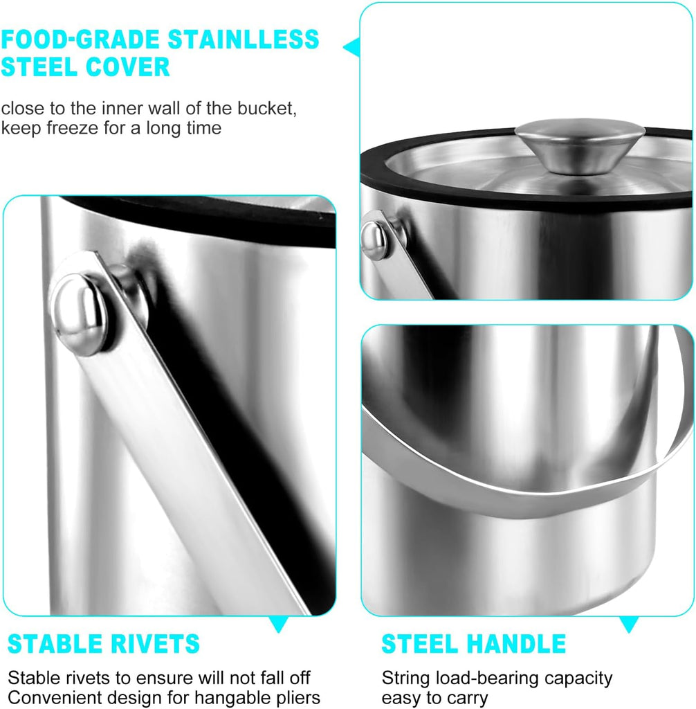 Ice Bucket with Lid Strainer Tong,2QT Double Walled Stainless Steel Insulated Ice Bucket Container,Good Sealing Ice
