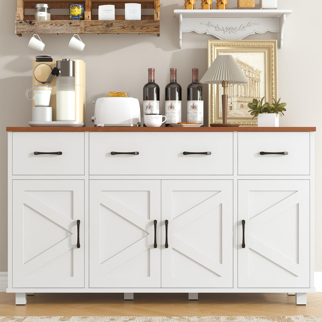 55" Sideboard Buffet Cabinet with Storage, Coffee Bar Cabinet with 3 Drawers and 4 Barn Doors, Long Storage Cabinet