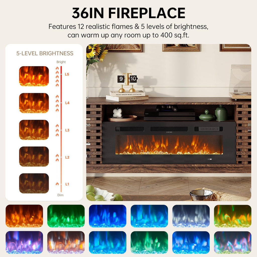 Luxury Fluted TV Stand with Fireplace, 80 inch, Brown