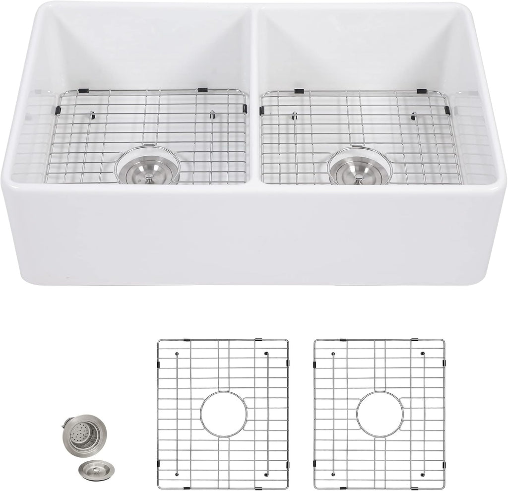 33 White Farm Sink Double Bowl - 33"×20" Apron Front Farmhouse Sink Reversible Double Bowl 50/50 Ceramic Porcelain