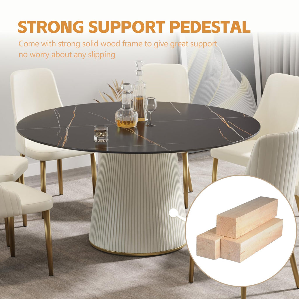 59'' Round Marble Dining Table for 6, Modern Black Sintered Stone Top Kitchen Table with Solid Wood Panel