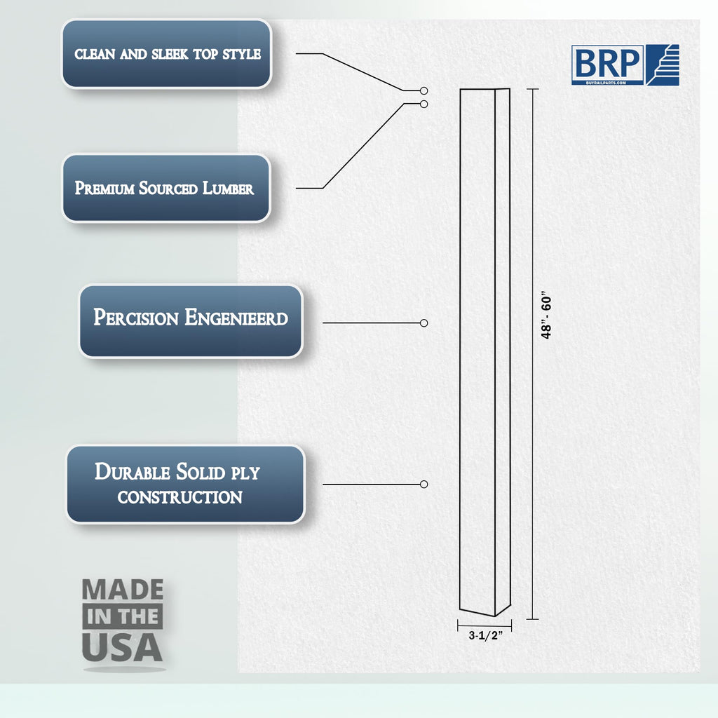 4003 White Oak Blank Newel Post - 3.5" x 48" Solid Hardwood Square Stair Newel Post - Modern Plain Style