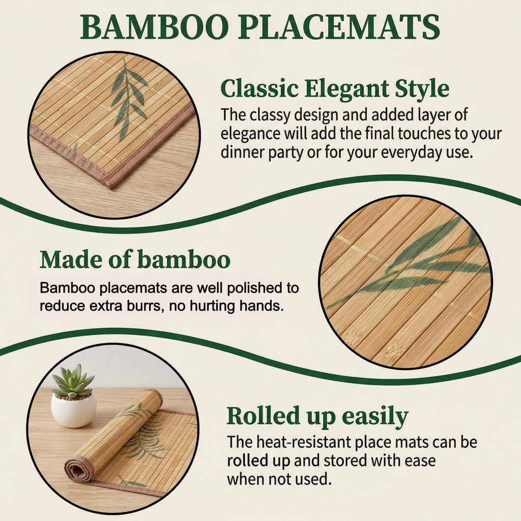 8 Pack Bamboo Placemats, 18 x 12 Inch Anti-Slip Table Mats, Heat Resistant Place Mats, Japanese Style Washable