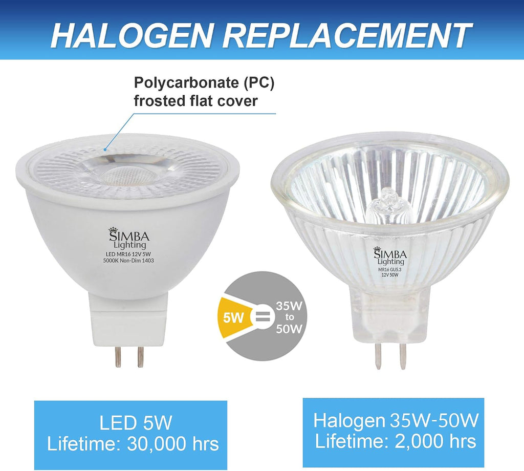 LED MR16 5W 12V Light Bulb, GU5.3 Bipin Base, 5000K, 6 Pack