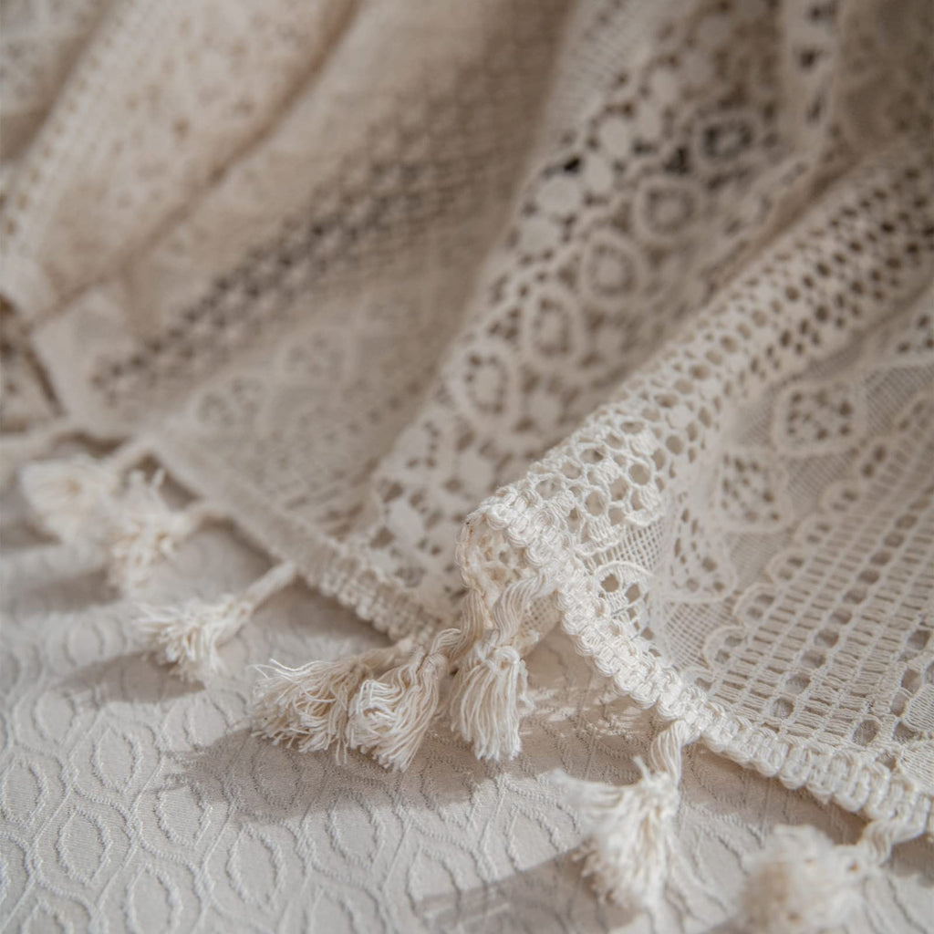 Beige Boho Lace Sheer Curtains 84 inches Long, Crochet Macrame Semi-Sheer Bohemian Drape with Tassels, Cream Farmhouse