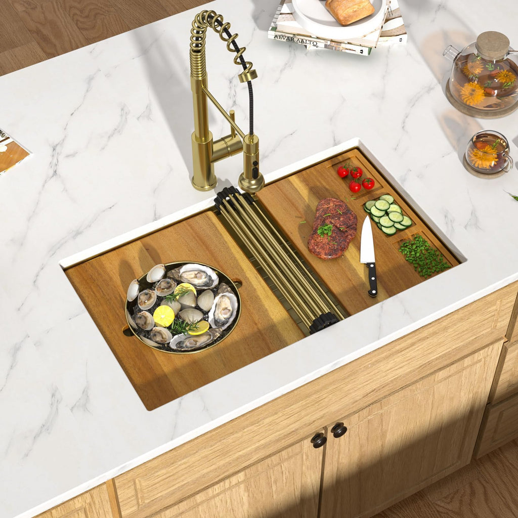 32"x19" Gold Undermount Kitchen Sink, Workstation All-In One Gold 16 Gauge Stainless Steel Under Counter Single