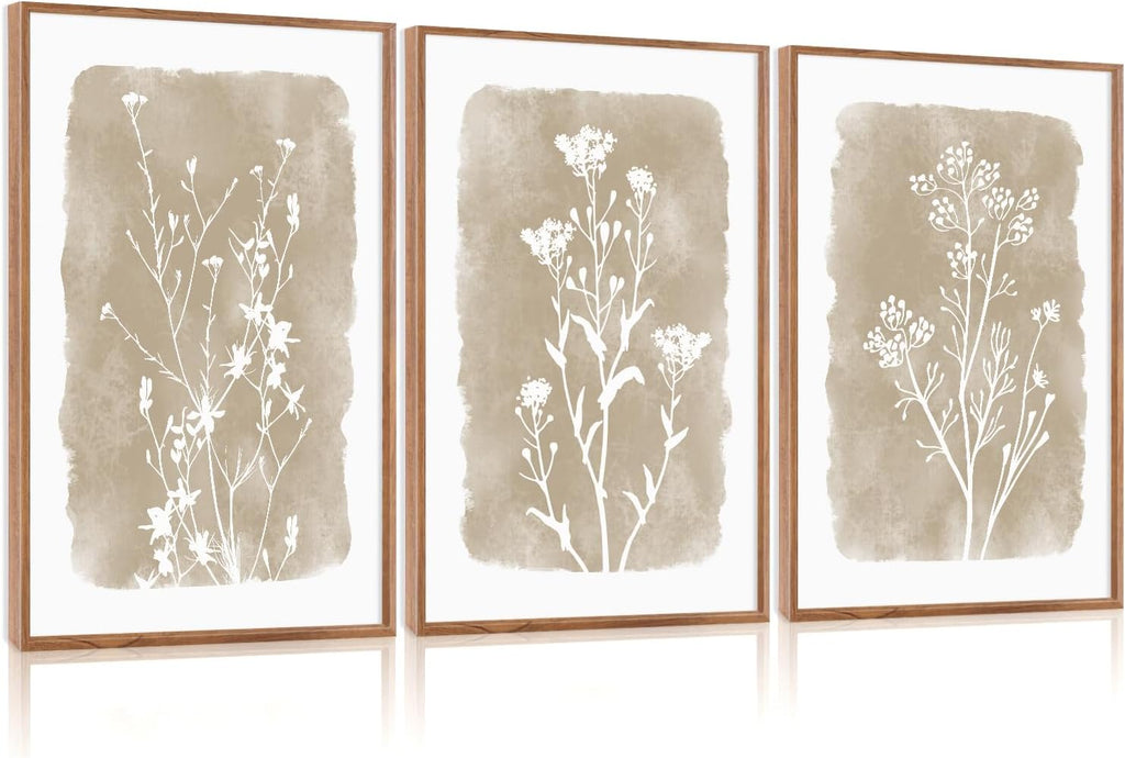 Neutral Botanical Wall Art Set of 3, arge Framed Boho Farmhouse Flower Wall Decor, Modern Minimalist Floral