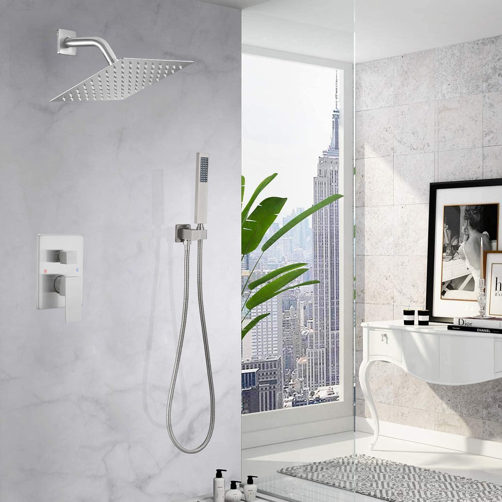 Shower System Brushed Nickel Bathroom Rainfall Shower Faucet Set Complete Wall Mounted 8 Inch Shower Head and Handle