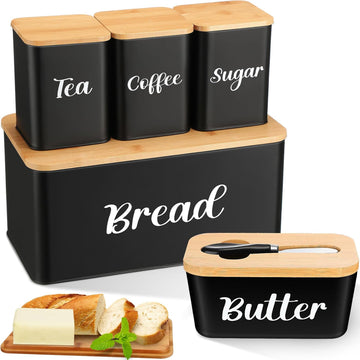 Metal Bread Box and Ceramic Butter Dish with 3 Airtight Kitchen Canisters Farmhouse Storage Canister Set with Bamboo - Set of 5