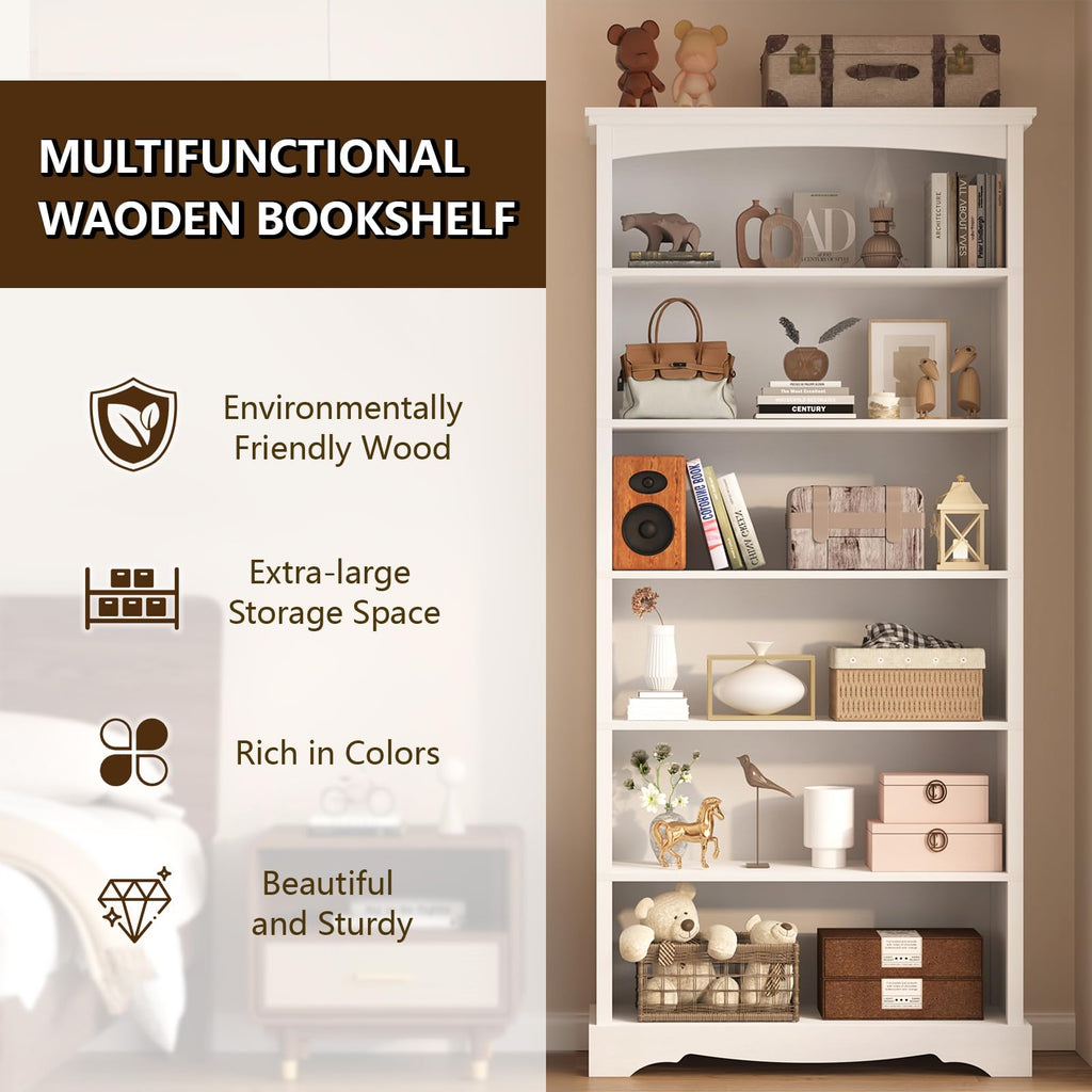 6-Tier Wooden Bookshelf, 76 Inch Tall Bookshelf with Storage, Floor Standing Modern Style Display Bookcase, Study
