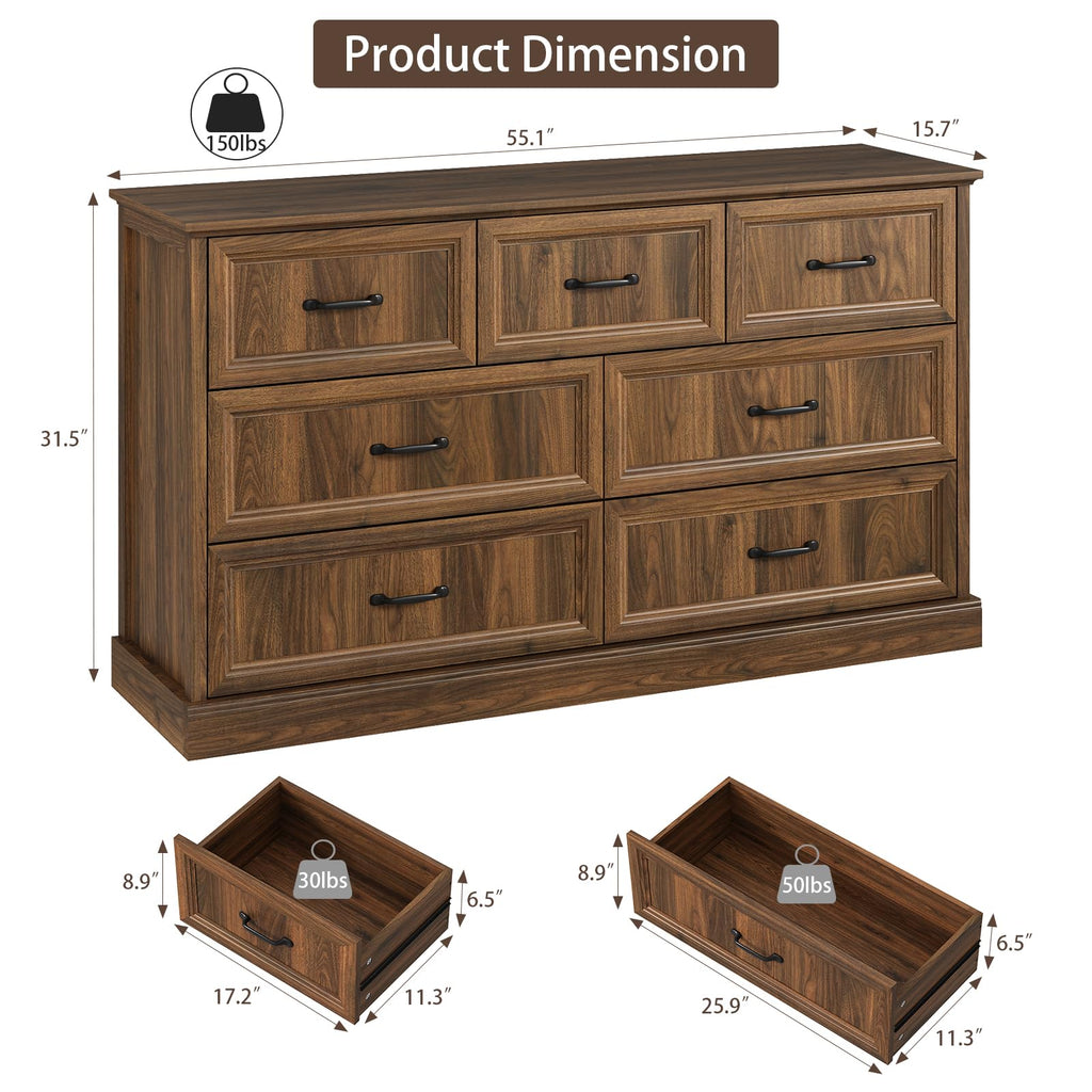 Farmhouse 7 Drawer Dresser, 55" Walnut Dresser with TV Stand