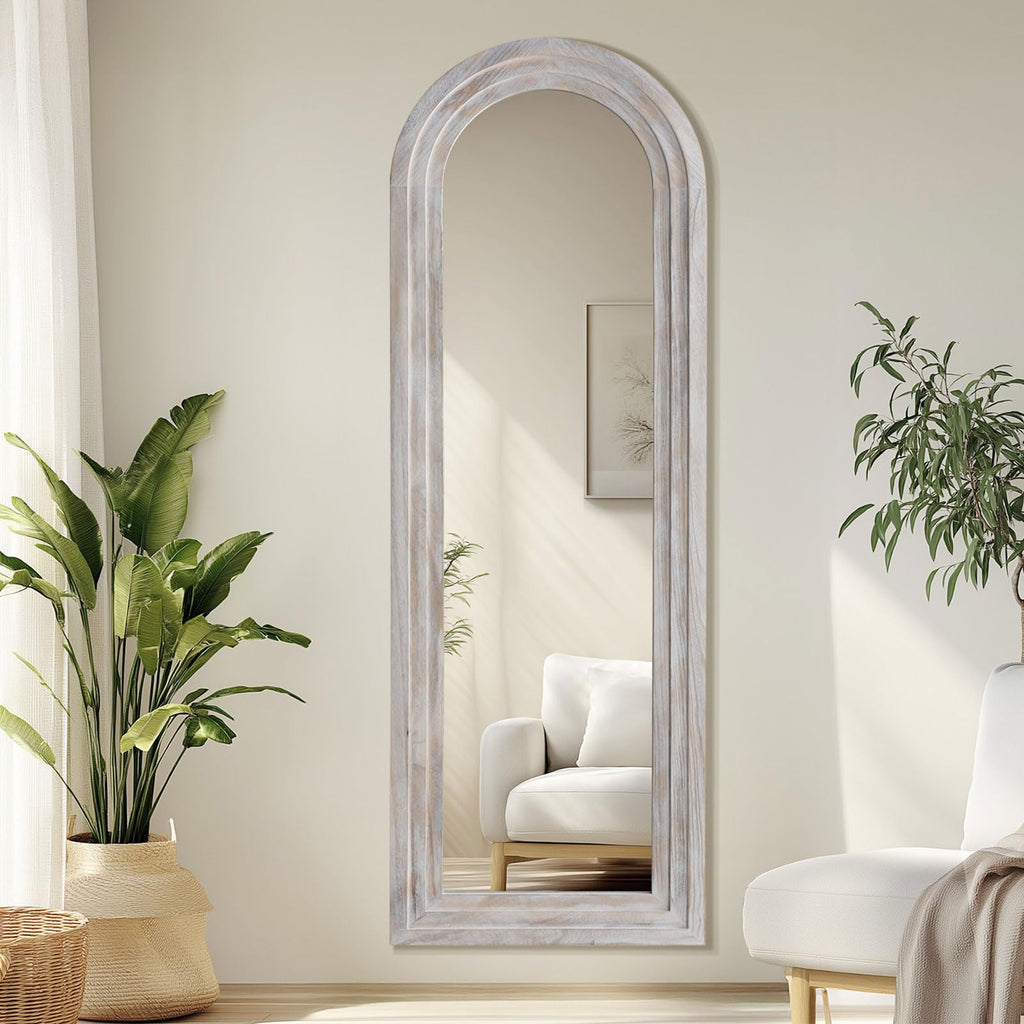 Rustic Wood Floor Full Length Mirror with Stand, 64"X21" Arched