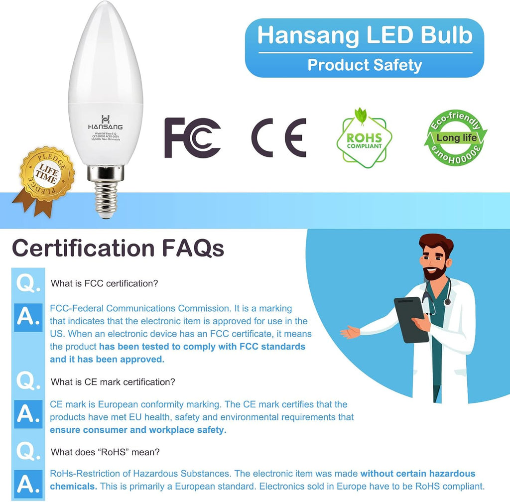 E12 LED Candelabra Light Bulbs 60W Equivalent 6000K Cool Daylight