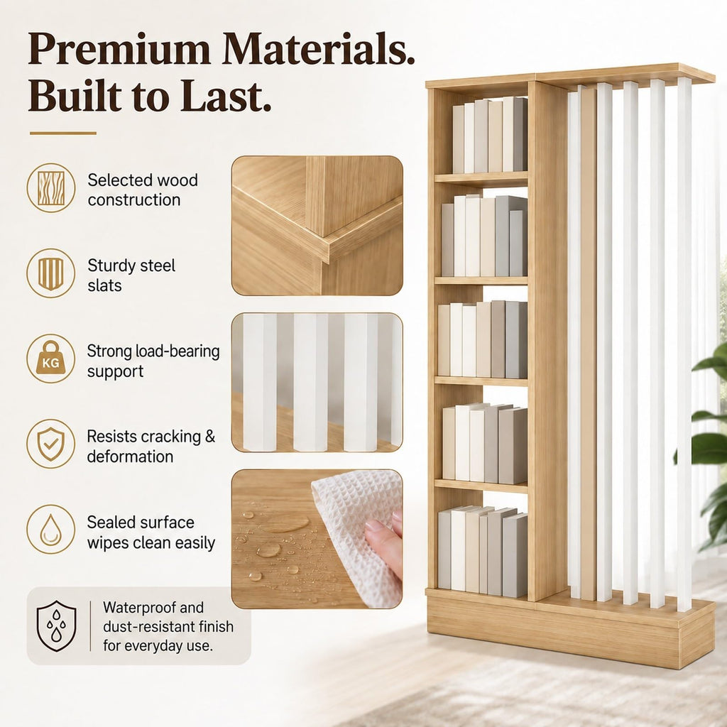 Wood Wall Room Divider with Storage Shelves Freestanding Slat Partition