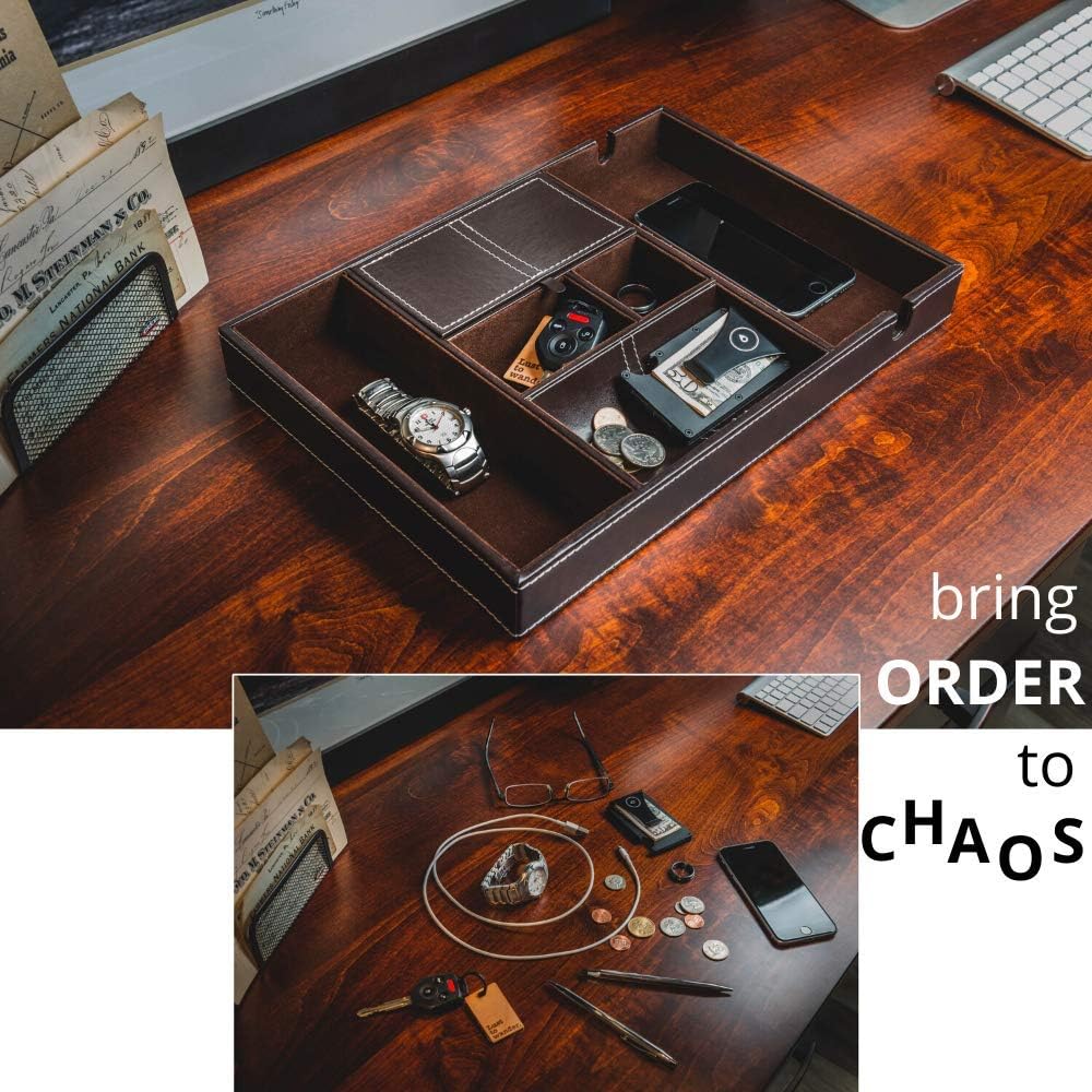 Nightstand Organizer, Valet Tray for Men and Women, EDC Tray, Dresser Top Catchall, Dark Brown Faux Leather, 6