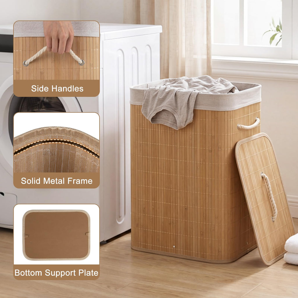 Bamboo Laundry Hamper with Lid, Removable Liner & Portable Handles