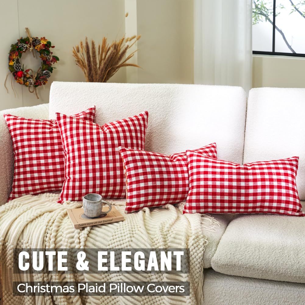 Red and White Outdoor Christmas Gingham Plaid Throw Pillow Covers 18x18