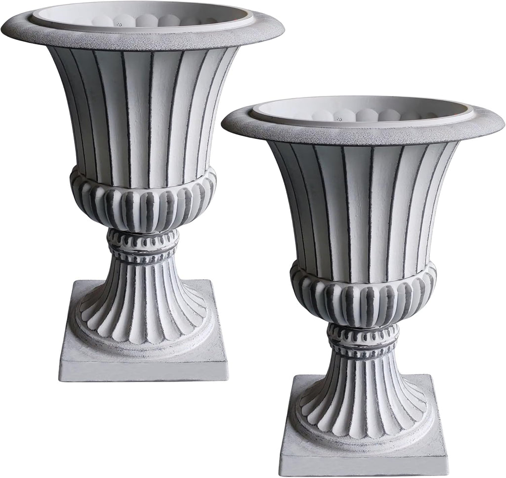 Urn Planters 22", Set of 2, Tall Stone-Resin Pedestal Planters for Outdoor Plants, Large Front Porch Decor, Patio