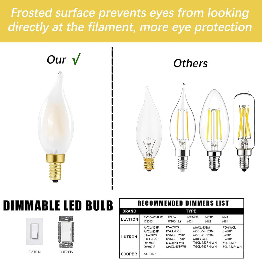 E12 Frosted LED Candelabra Candle Bulb 60W Dimmable 2700k Warm Bulb