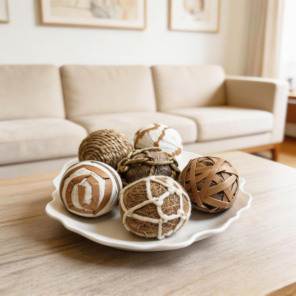 Decorative Balls for Bowl Centerpiece, 2.4 Inch Orbs Spheres Decor Balls Rattan Wicker Balls for Bowl Fillers - Set of 6