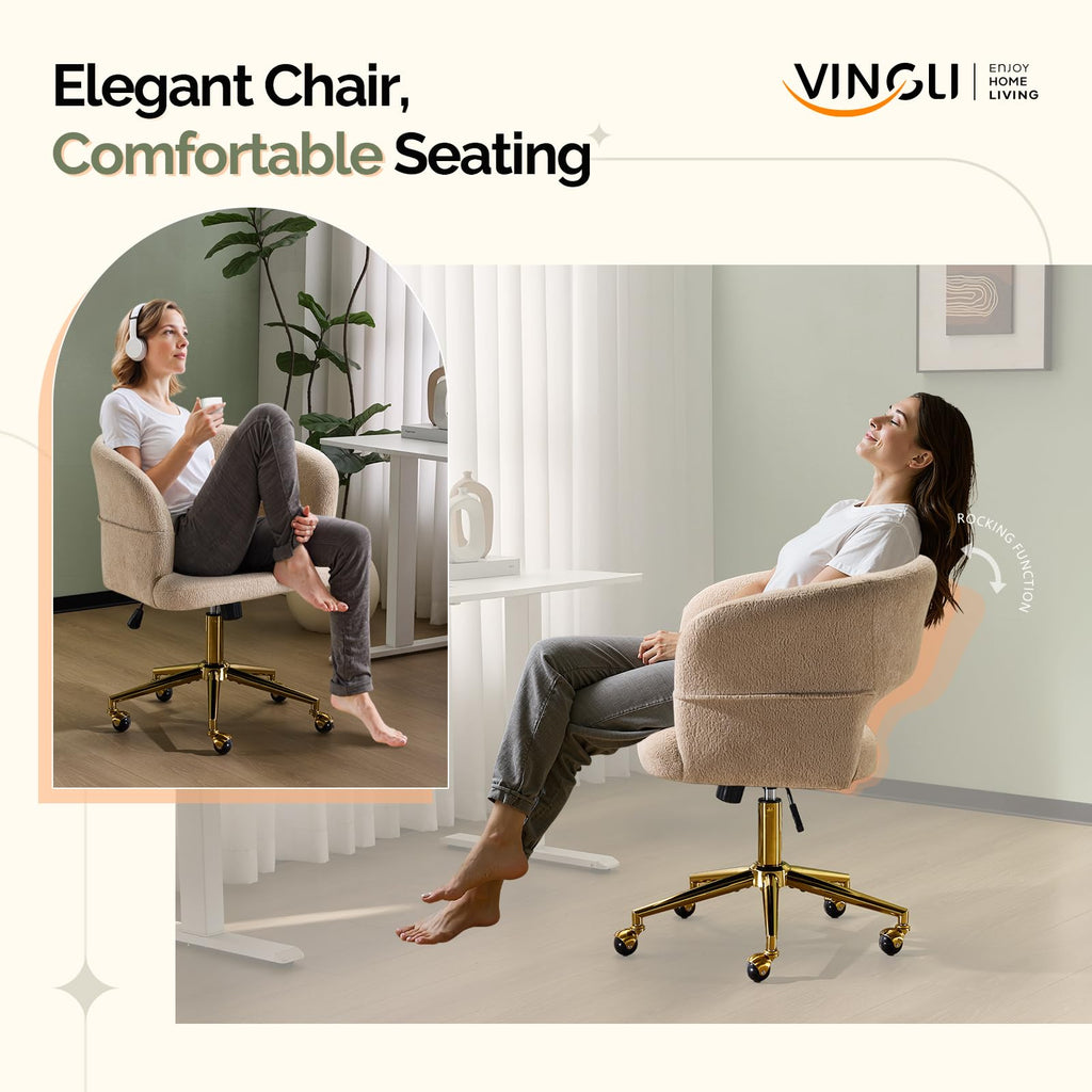 Modern Curved Office & Vanity Desk Chair, Cute Upholstered Nail Chair with Wheels & 360° Swivel & Club & Tilting &