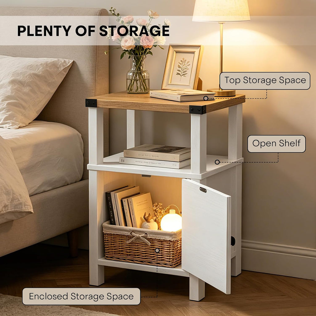 Farmhouse Nightstands with Charging Station, Rustic Vintage Side End Table with Storage, Wood Side Table with Barn