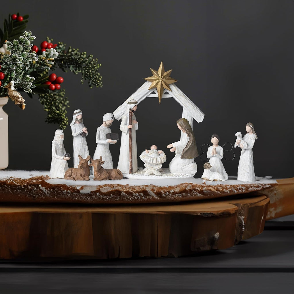 Christmas Nativity Scene Set, 12 Piece Resin Miniature Holy Family Figurines, Mini Decorative Religious Christmas