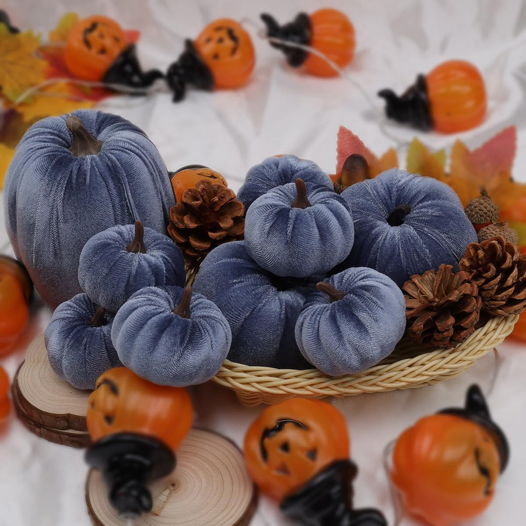 Faux Blue Velvet Pumpkin Artificial Fall Foam Pumpkin Decor 9 Pcs