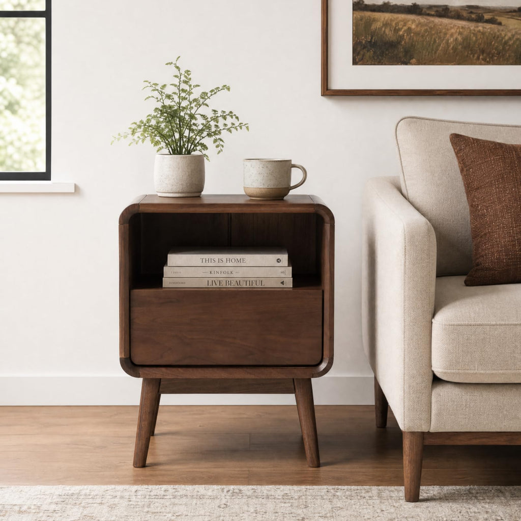 100% Solid Wood Nightstand, Walnut Night Stand with Drawer and Open Shelf, Mid Century Nightstand, Wooden