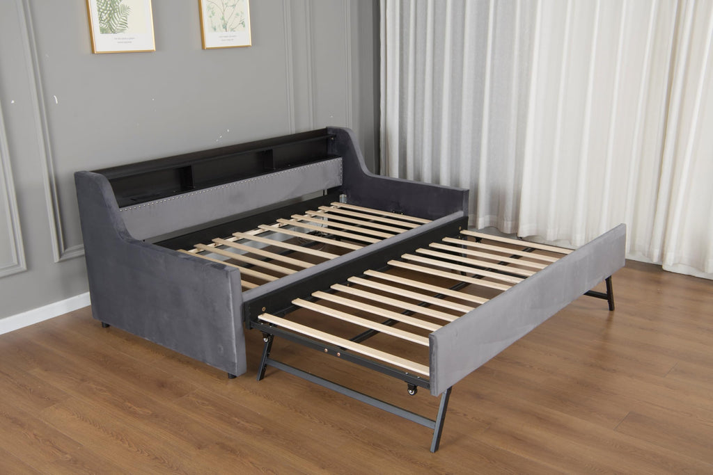 Twin to King Daybed with Pop Up Trundle, King Size Day Bed Frame with LED Lights, USB/Type C Charging Station