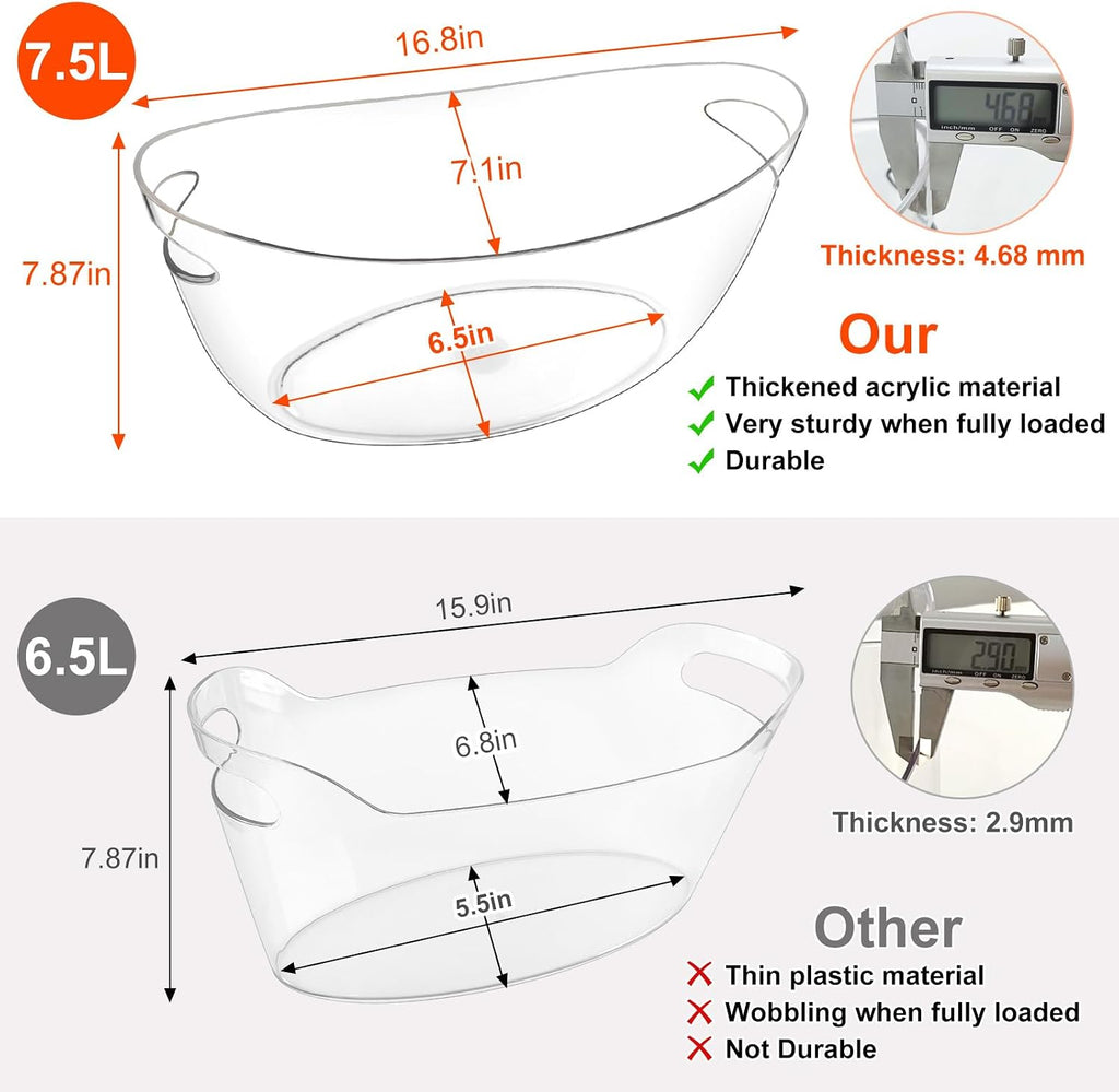 7.5L Ice Buckets for Parties, 2-Pack Clear Beverage Tub, Champagne Bucket - Set of 2
