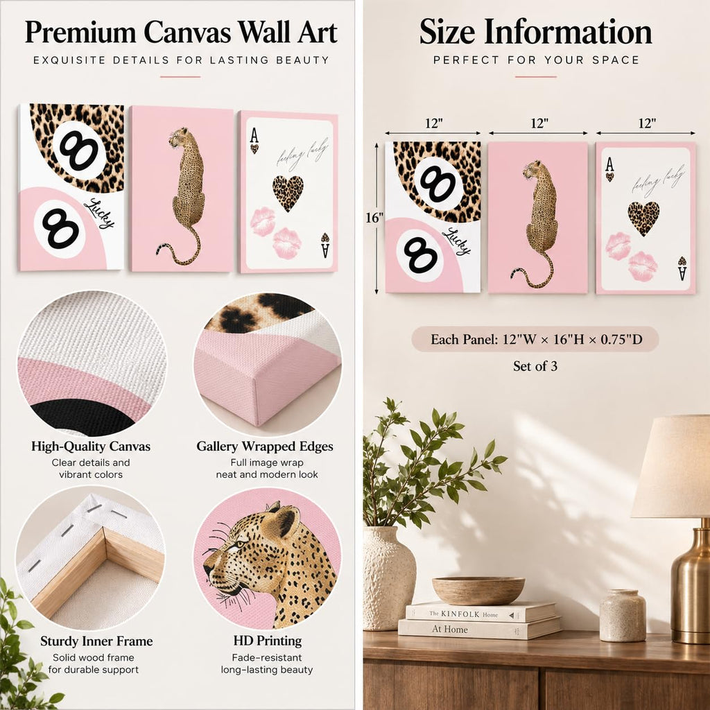 Cheetah Trendy Canvas Print Wall Art, Preppy Leopard 8 Ball Poster Pictures, Pink Y2k Coquette Luxury Print Lucky