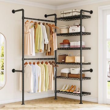 L2 Wall Mounted Closet System, Industrial Pipe Clothing Rack, Black