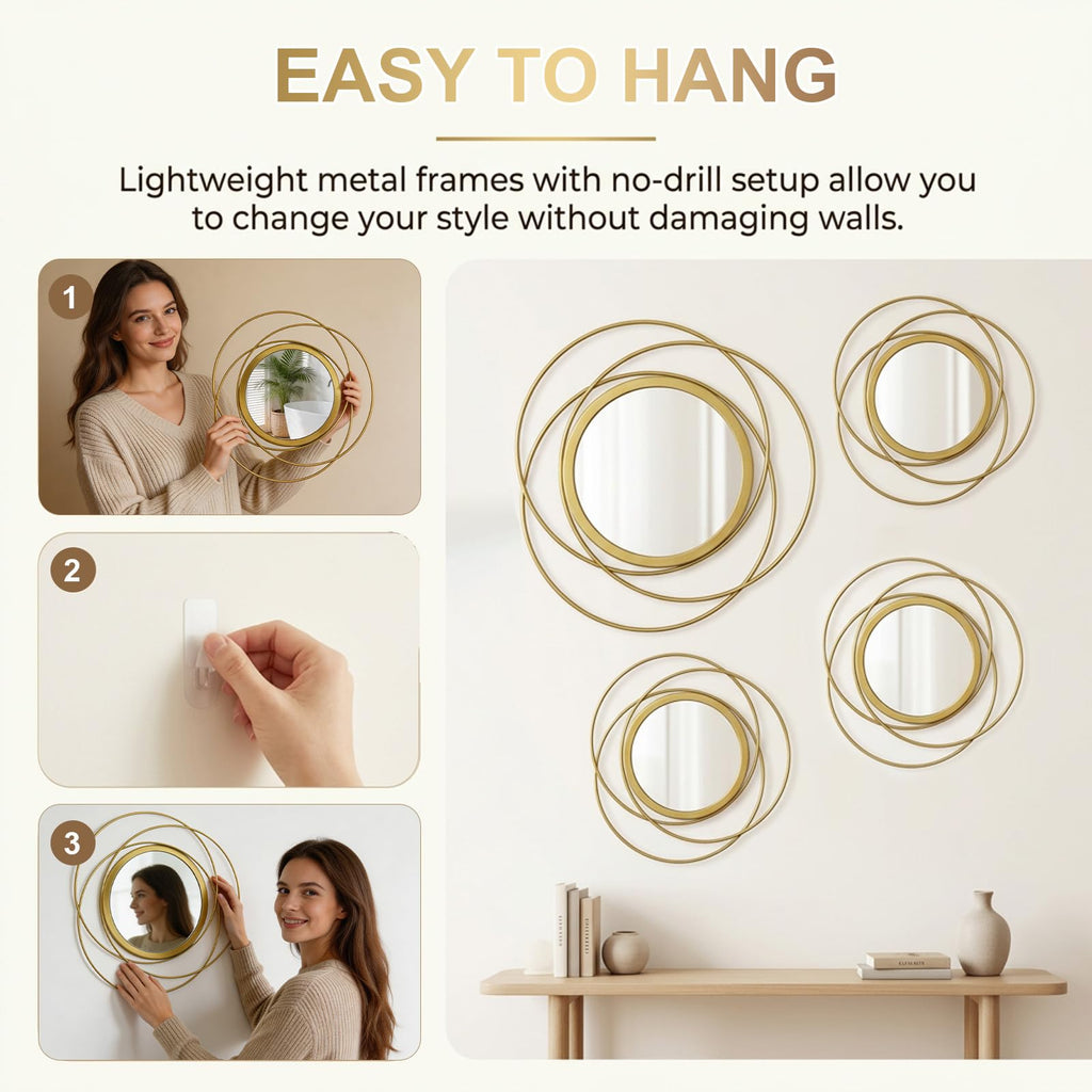 4 Piece Gold Round Wall Mirror Set Modern Metal Circles Decor