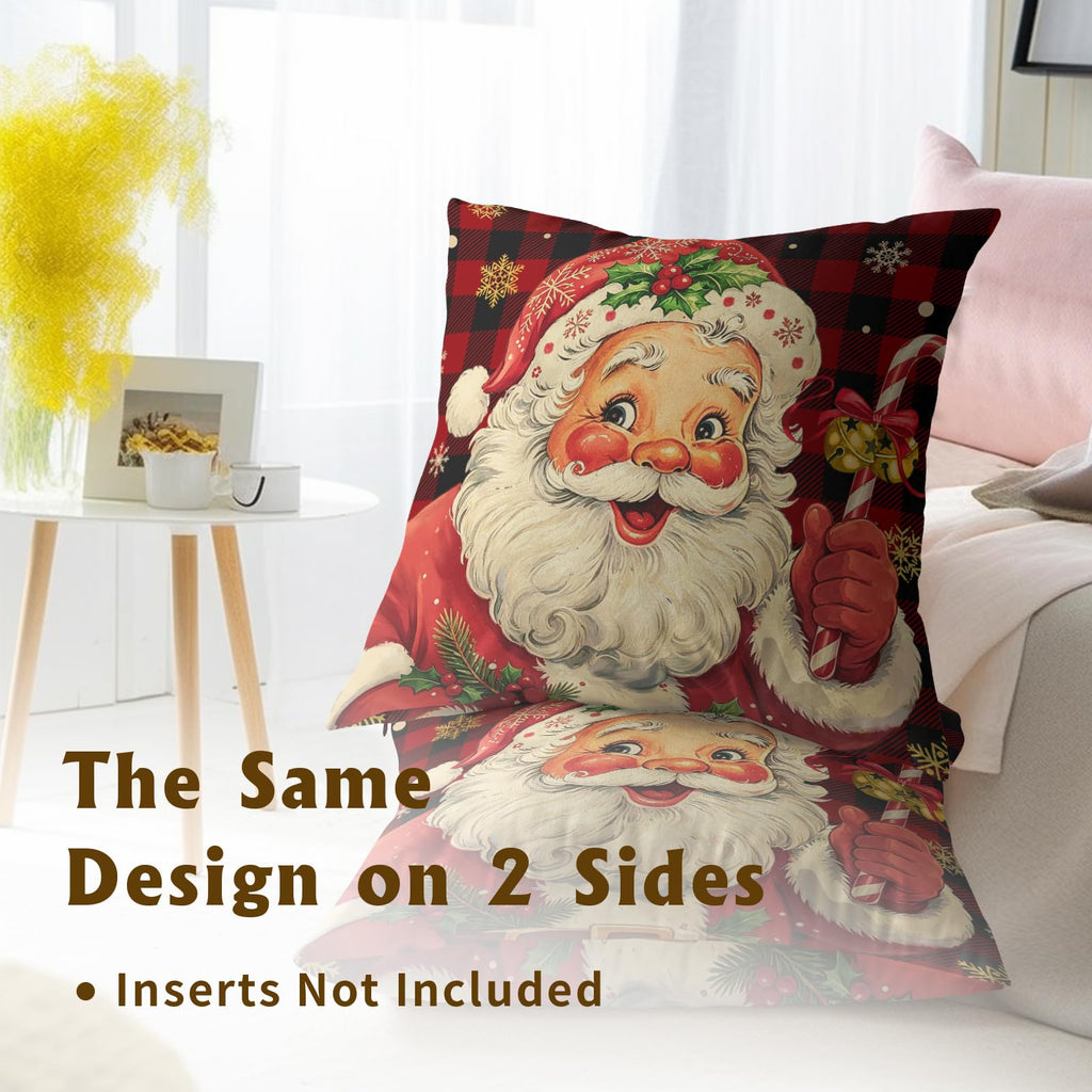 Vintage Christmas Pillow Covers Set of 2 Xmas Santa Claus Red Black Buffalo Plaid Cotton Throw Pillowcases Winter