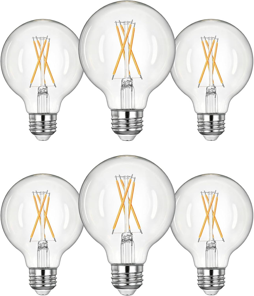6 Pack G25 Globe Light Bulbs, Dimmable Vintage LED Edison Bulbs, CRI90+ 5W Equivalent 60W, Clear LED Filament Vanity