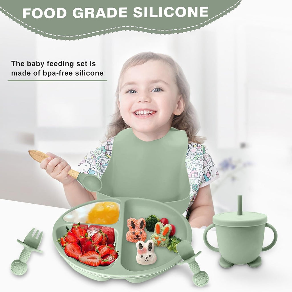 Feeding Set, Toddler Feeding Set 12 Pcs, Suction Bowl and Baby Plate, Silicone Bib,Spoon,Fork & Sippy Cup,BPA Free