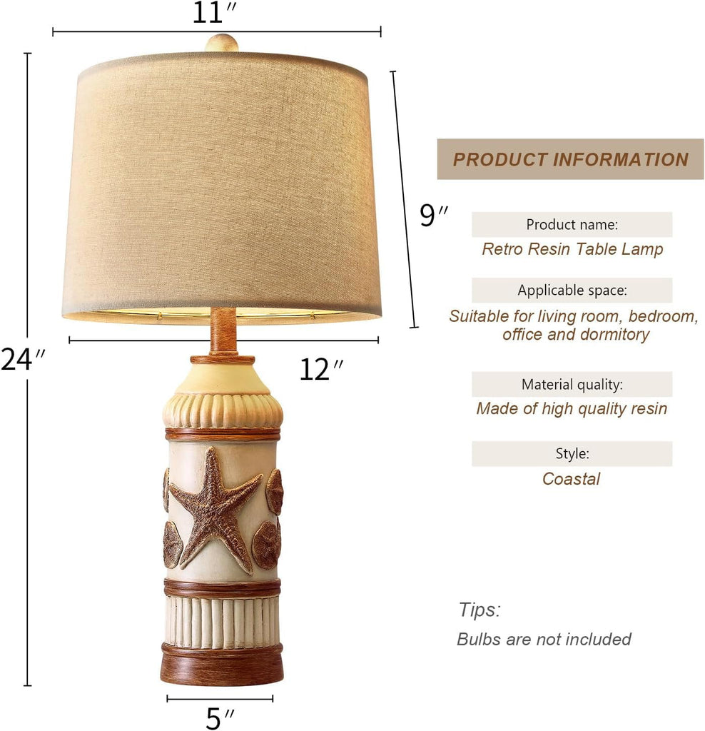24" Table Lamp, Boho Table Lamp, Bedside Nightstand Lamp, Coastal Nautical Lamp with Starfish Conch Pattern for